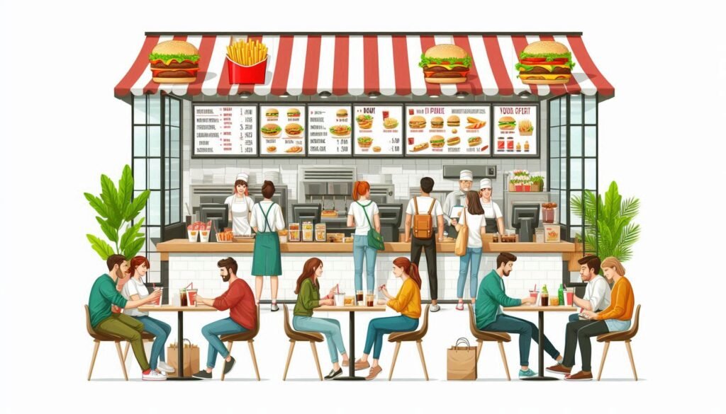 A busy fast food restaurant with customers ordering at the