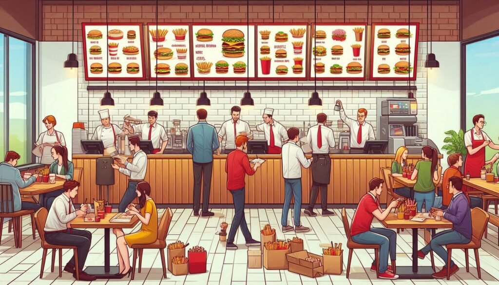 A busy fast food restaurant with customers ordering at the 